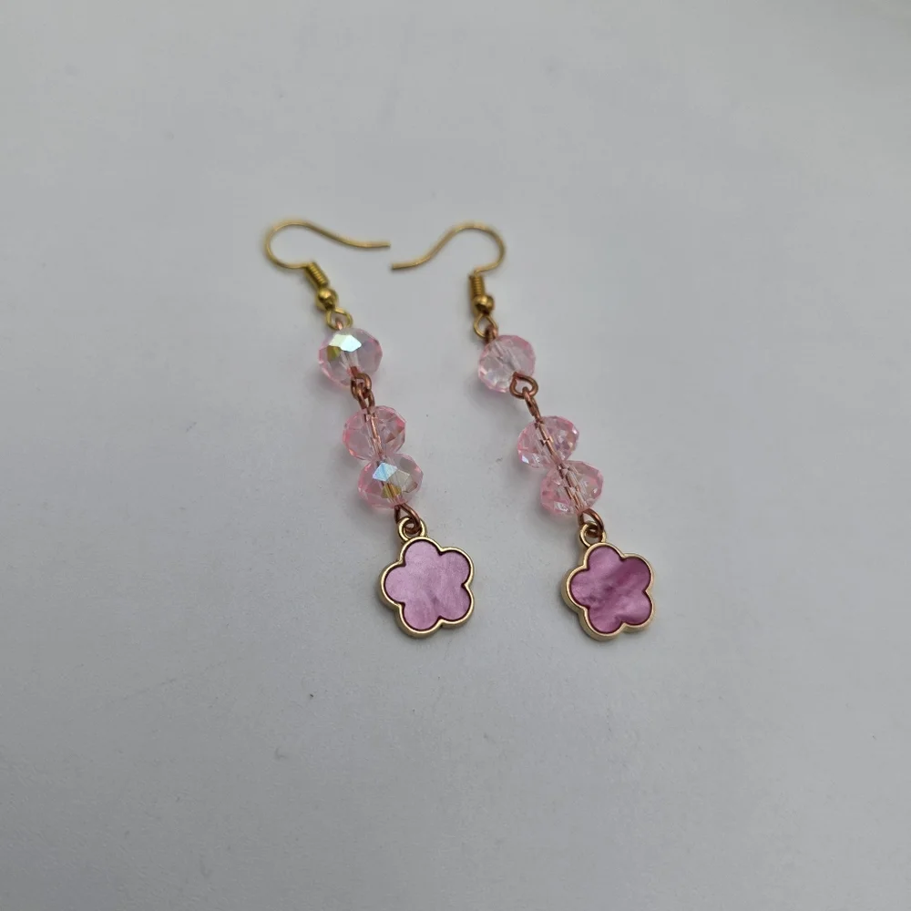 Pink Crystal Flower Dangle Earrings – Gold Hook Handmade Beaded Jewelry - Picture 4 of 5